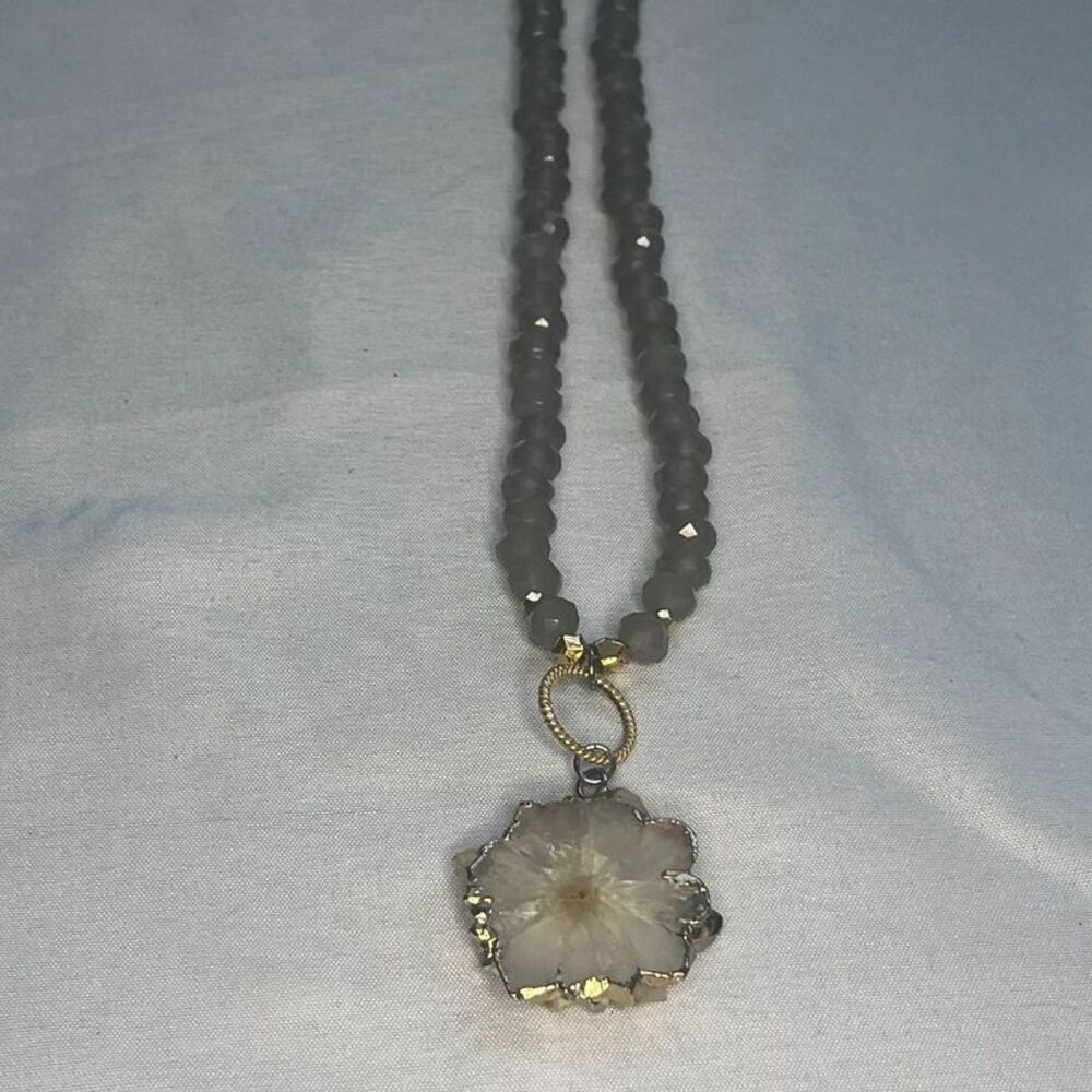 Gray Beaded Long Necklace with Crystal Quartz Pendant